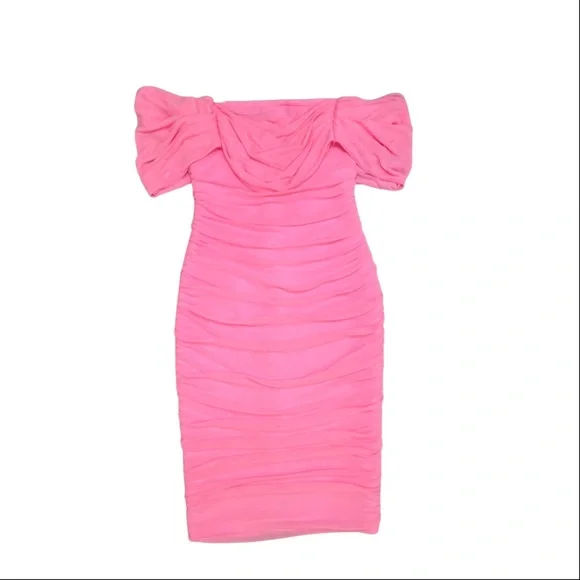 strapless open back dress Momyknows Pink Mesh Off Shoulder Ruched Ruffle Side Slit Maternity Max main image 0
